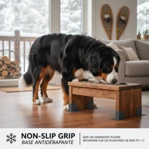 An elevated dog feeder with non-slip grips, ideal for senior dogs on hardwood floors during Canadian winters.