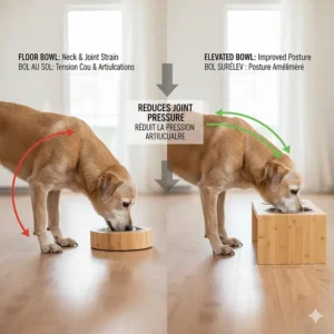 Diagram showing how elevated dog bowls for senior dogs reduce neck and joint strain compared to floor bowls.