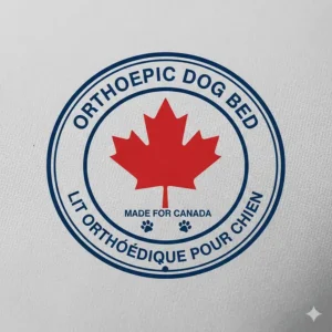 A "Made for Canada" seal featuring the text Orthopedic Dog Bed and Lit orthopédique pour chien with a maple leaf.