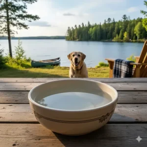 Illustration of an extra large dog bowl on a lakeside deck at a Canadian cottage, perfect for big adventure dogs.