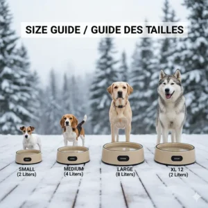 Size guide for outdoor heated dog bowls showing different capacities in liters for various dog breeds.