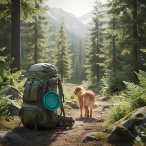 Portable dog bowl with a carabiner clipped to a backpack on a trail in British Columbia, Canada.