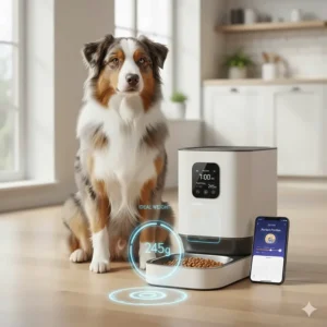 Digital illustration showing precise portion control settings on an automatic dog feeder to maintain healthy weight in big dogs.