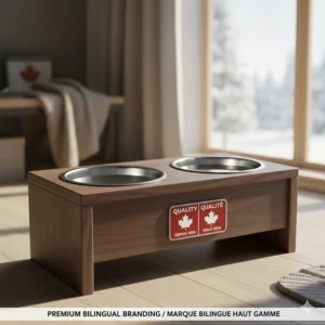 Minimalist illustration of premium elevated dog bowls for large dogs with bilingual English and French Quality/Qualité badges.