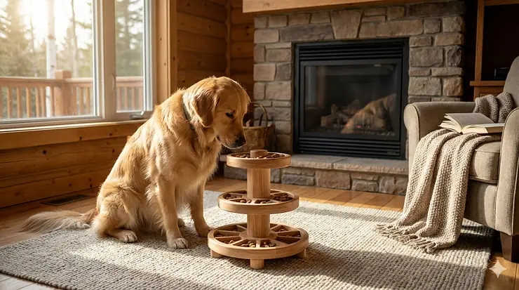 A Golden Retriever using a puzzle dog feeder on a wooden floor in a cozy Canadian living room; interactive slow feeder for mental stimulation.