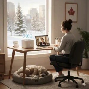 An ultra-quiet dog water fountain placed in a home office, perfect for Canadian professionals working remotely.