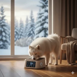 An illustration of an automatic dog feeder keeping a pet on a strict schedule during a cold Canadian winter morning.