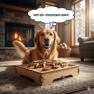 A happy dog successfully finding treats inside a puzzle dog feeder, promoting cognitive development.