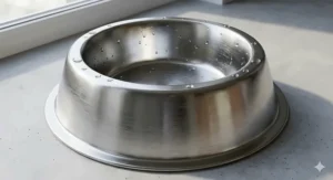 Close-up of a rust-resistant stainless steel dog bowl, ideal for humid Canadian coastal climates.
