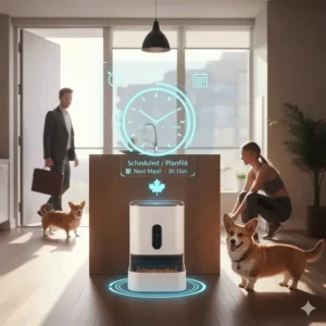 A conceptual illustration of a clock face and an automatic dog feeder highlighting scheduled meal times for busy Canadian professionals.