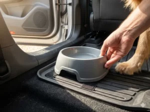 Illustration showing how to secure a car dog water bowl to a vehicle floor mat using velcro or straps.
