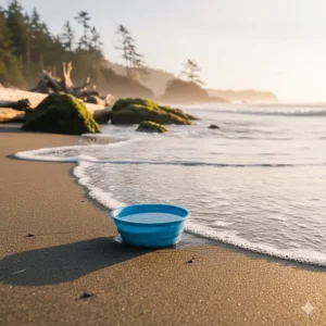Lightweight blue silicone dog bowl on a sandy beach in Prince Edward Island or Tofino, Canada.