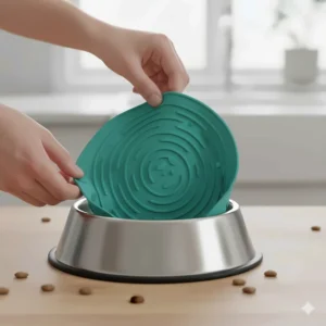 Close-up of a non-slip silicone slow feeder dog bowl insert being placed into a standard stainless steel dish.