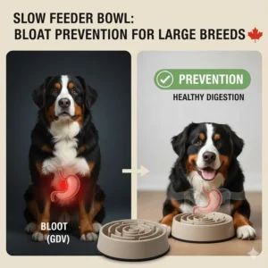 Infographic showing how a slow feeder dog bowl prevents GDV and bloat for large breeds like Bernese Mountain Dogs.