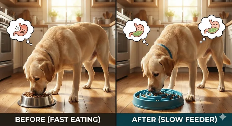 A large Golden Retriever eating from a maze-style slow feeder bowl in a modern Canadian home kitchen.