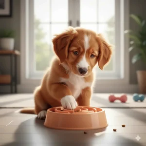 Illustration of a small Nova Scotia Duck Tolling Retriever puppy learning to eat from a small-sized slow feeder bowl.
