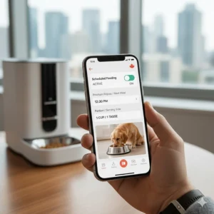 Diagram showing precise portion control settings for healthy weight management in Canadian pets.