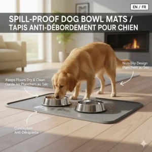 A non-slip silicone mat under dog bowls to keep Canadian hardwood floors dry and clean from water splashes.