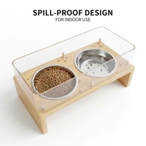 Top-down illustration of a mess-free adjustable elevated dog bowl with a splash guard for indoor use.