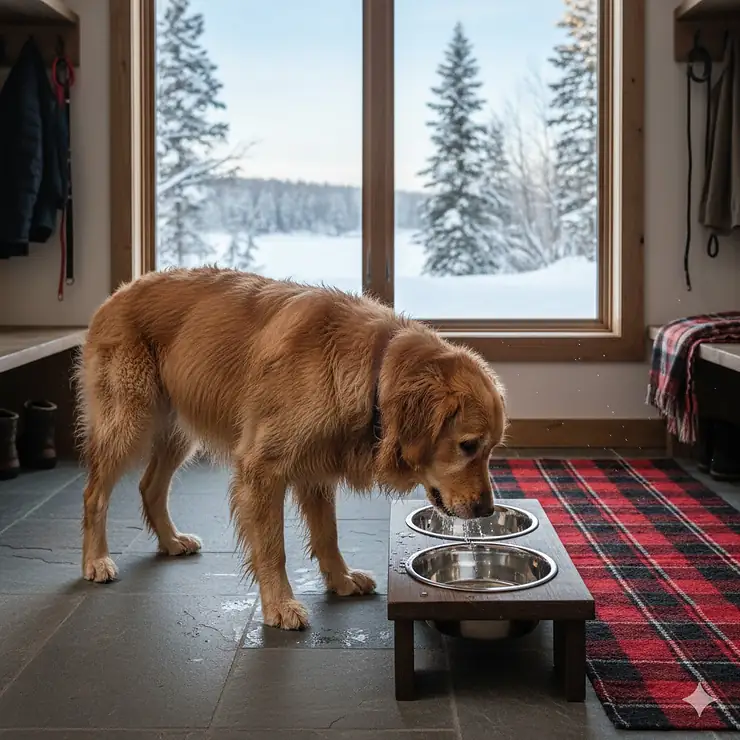 A golden retriever eating from a durable stainless steel dog bowl in a modern Canadian kitchen with a winter landscape visible through the window.