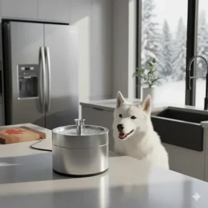 A durable, rust-resistant stainless steel dog water fountain that fits modern Canadian kitchen decor.