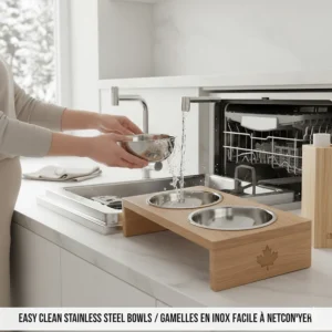 Illustration of dishwasher-safe stainless steel elevated dog bowls for large dogs being cleaned easily.