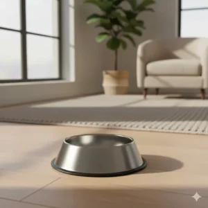 Illustration of a high-grade stainless steel dog dish, labeled as a non-porous and rust-resistant material for dog bowls in Canada.