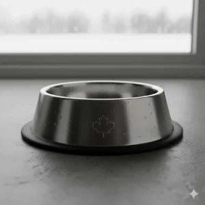 Illustration of a rust-resistant stainless steel non slip dog bowl, ideal for the humid and cold Canadian climate.