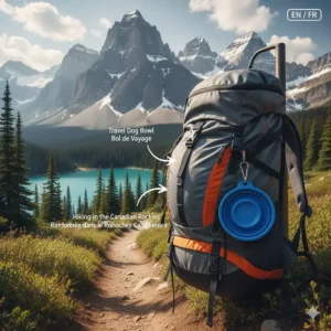 A collapsible silicone dog bowl clipped to a backpack for hiking in the Canadian Rockies or local trails.