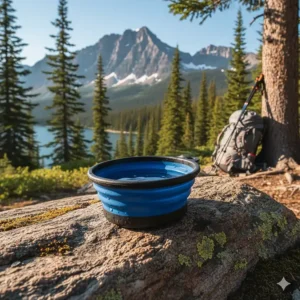 Portable non slip dog bowl for camping trips in the Canadian Rockies, showing high-grip bottom on uneven surfaces.
