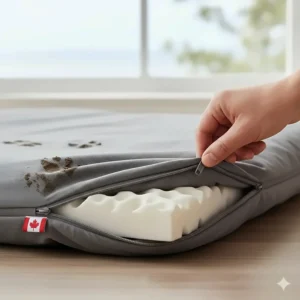 Easy-to-clean memory foam dog bed with a removable cover, perfect for messy paws after a hike.