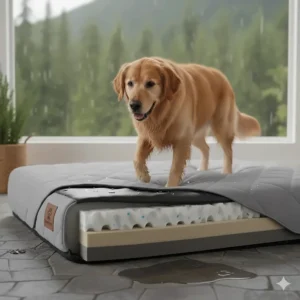 Illustration of a waterproof liner protecting an orthopedic dog bed from wet paws after a rainy hike.