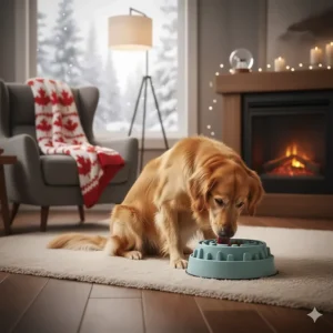 Illustration of a dog using a slow feeder bowl indoors during a Canadian winter to provide mental stimulation.