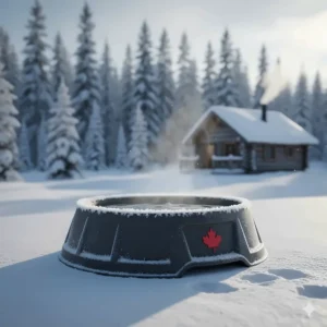 Illustration of a heavy-duty thermal bowl designed for the Canadian winter, showing cold-resistant material for dog bowls kept outdoors.