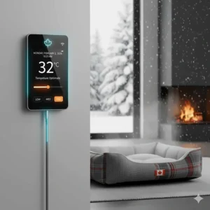A digital thermostat interface showing adjustable heat settings suitable for varying Canadian winter temperatures.