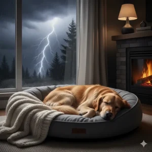 A Golden Retriever sleeping soundly in a plush calming dog bed during a thunderstorm.