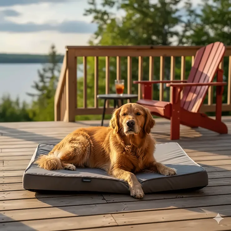 A Golden Retriever relaxing on a grey cooling dog bed for summer on a cedar deck in Ontario, Canada.