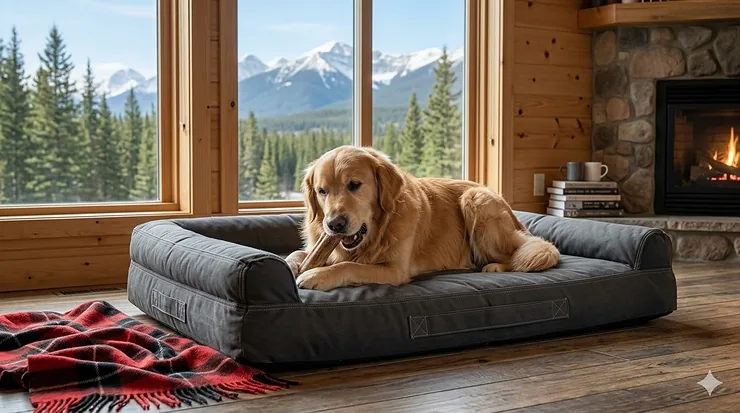 A golden retriever chewing a treat on a durable, dark grey dog bed for chewers in a rustic Canadian cabin with a mountain view.