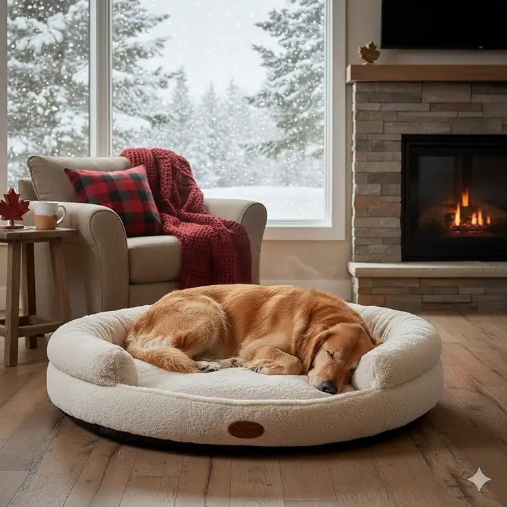 A Golden Retriever curled up on a plush heated dog bed in a cozy Canadian living room with snow falling outside the window in winter.