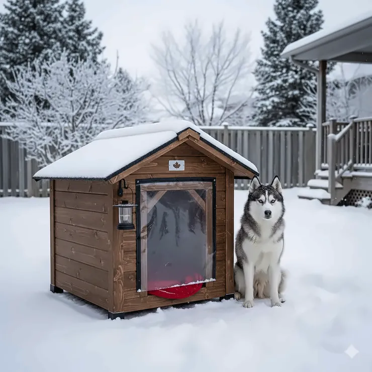 A durable, insulated outdoor dog house designed for the Canada winter, situated in a snowy backyard with a Husky nearby. outdoor dog house canada winter