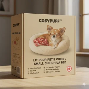 Illustration of a small dog bed for a Chihuahua with bilingual English and French Canadian labeling.