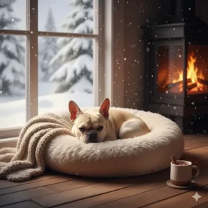 A small French Bulldog curled up in a self-warming calming dog bed on a snowy day.