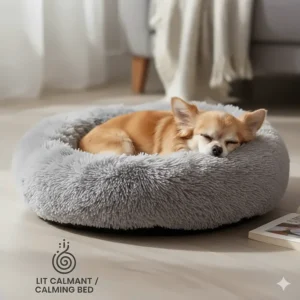 Illustration of a grey calming donut-style small dog bed for a Chihuahua with anti-anxiety features.