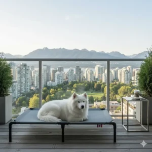 A compact elevated dog bed outdoor styled for a modern Vancouver condo balcony or small patio space.