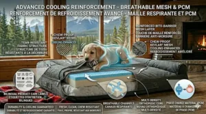 Technical illustration of a chew-proof bed featuring advanced cooling mesh and breathable air channels for dogs.