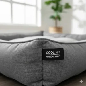 Close-up of a premium cooling dog bed for summer with bilingual English and French packaging for Canadian shoppers.