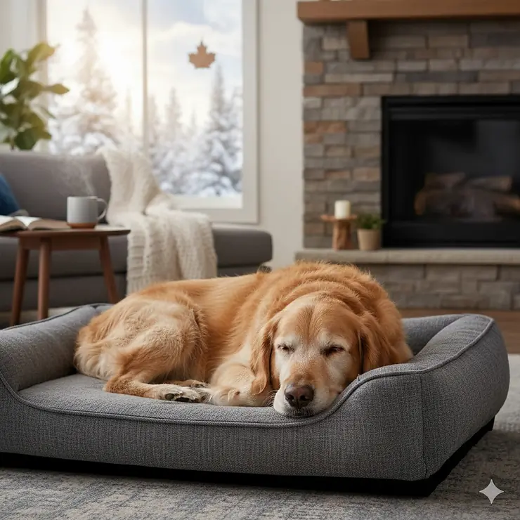 Senior Golden Retriever resting on a grey orthopedic dog bed in a cozy Canadian home with winter scenery visible outside. dog bed buying guide for senior dogs