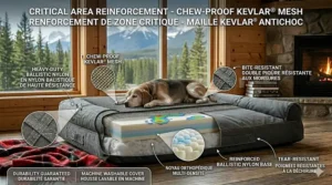 A detailed product diagram with bilingual English and French labels highlighting the chew-proof Kevlar mesh reinforcement.