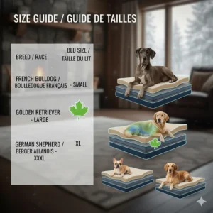 A sizing guide for different Canadian breeds, from French Bulldogs to Great Danes, choosing between orthopedic vs memory foam.