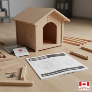 Illustration of a dog house assembly kit with bilingual English and French instructions for Canadian owners.